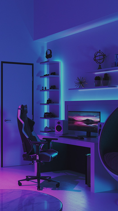 Esta es una imagen de las tiras de luz led Nanoleaf en un espacio de escritorio. Las tiras de luz led RGB que cambian de color brindan una luz de fondo y un brillo agradables que las hacen perfectas para jugar y crear el ambiente ideal para tu habitación.