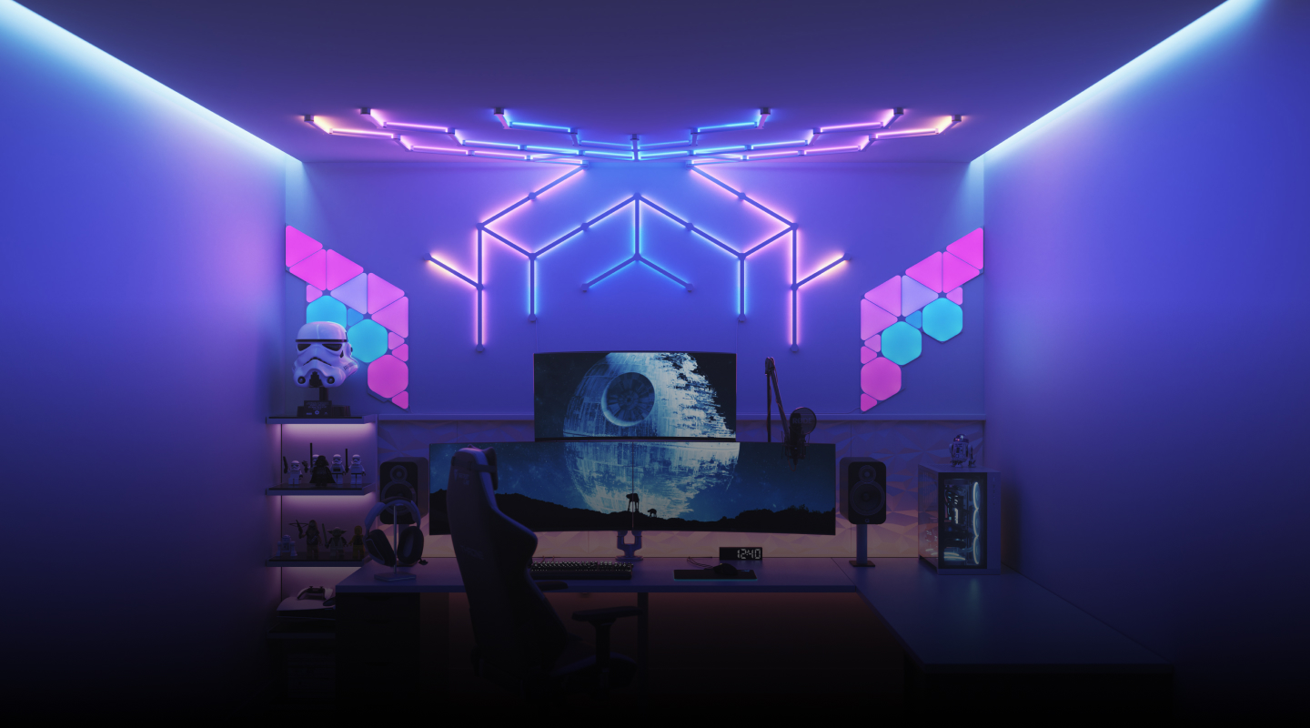 Espacios de juego futuristas con iluminación de luces RGB inteligentes para situar sobre la PC, para hogares inteligentes Nanoleaf. Las luces gamer que todo gamer debe tener.