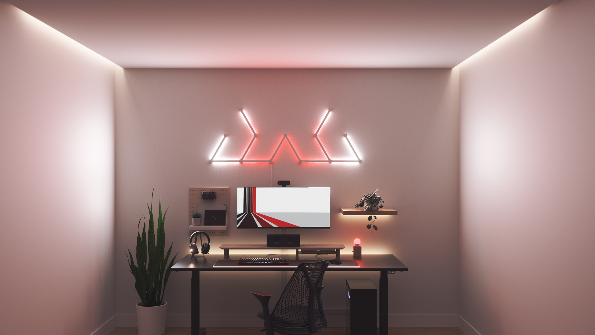 Kawaii style gaming setup with Nanoleaf Lines smart home backlit RGB light bars above the PC monitor. The perfect smart lights to complete the gamer aesthetic.