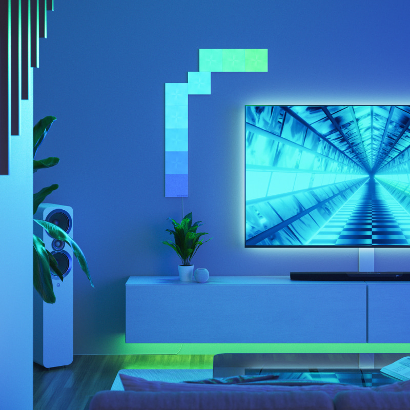 Paneles de luz modulares inteligentes cuadrados que cambian de color de Nanoleaf Canvas montados en la pared de una sala de estar. Similar a Philips Hue o Lifx. HomeKit, Google Assistant, Amazon Alexa, IFTTT. 