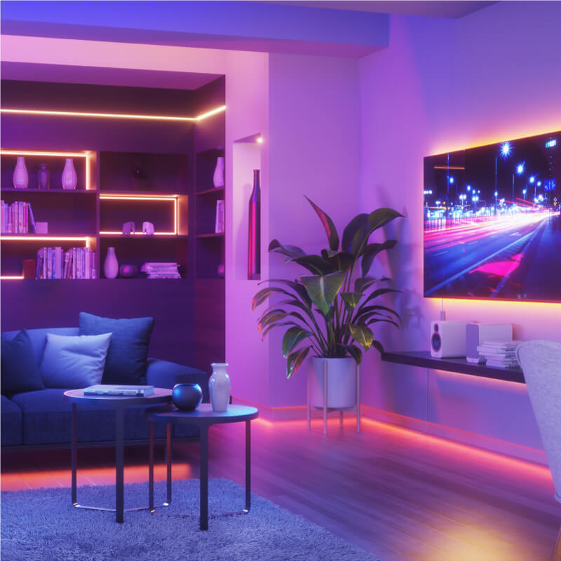 Tira de luz inteligente que cambia de color habilitada para Thread de Nanoleaf Essentials montada en la pared de una sala de estar. Similar a Twinkly, Wyze. HomeKit, Google Assistant, Amazon Alexa, IFTTT.
