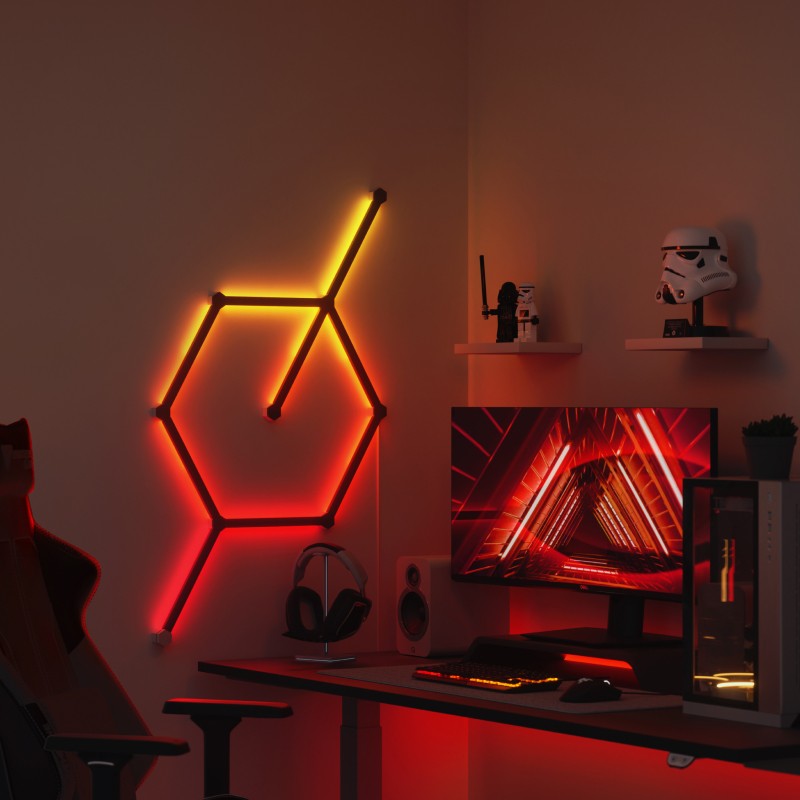 Nanoleaf Black Lines Thread enabled color changing smart modular backlit light lines. 9 pack. Has expansion pack, flex connector, and skins accessories. HomeKit, Google Assistant, Amazon Alexa, IFTTT.