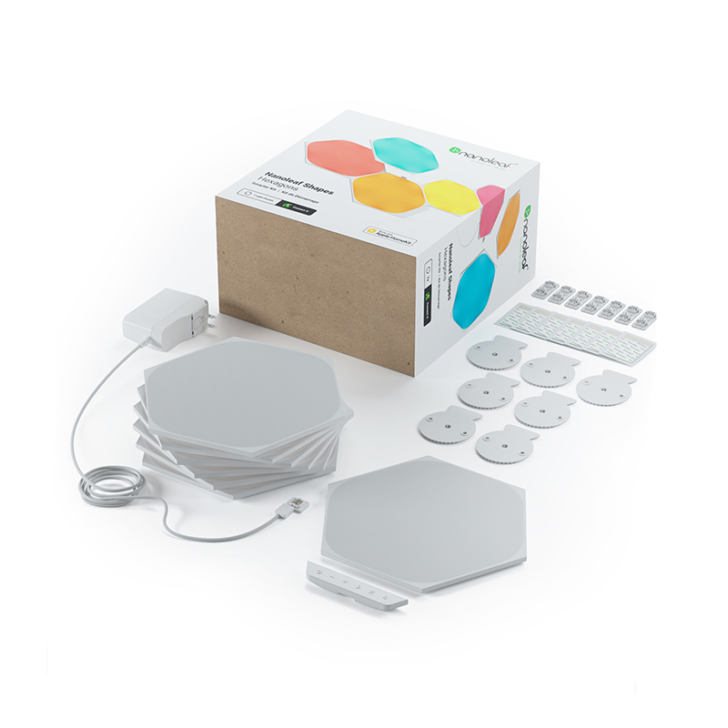Nanoleaf Shapes Thread enabled color changing hexagon smart modular light panels. 7 pack. Has expansion packs and flex linker accessories. Similar to Philips Hue, Lifx. HomeKit, Google Assistant, Amazon Alexa, IFTTT.