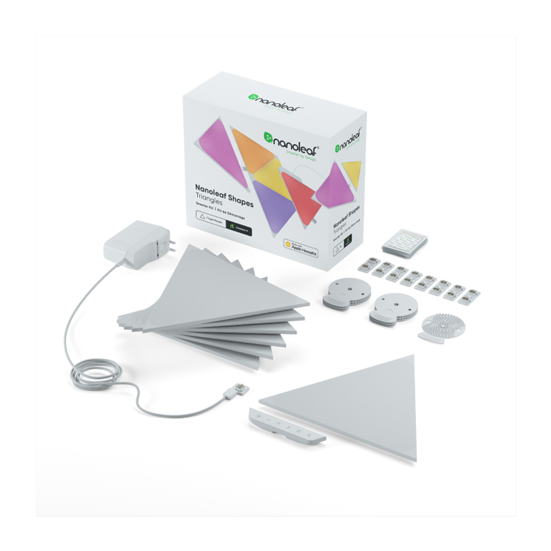 Nanoleaf Shapes Thread-enabled color-changing triangle smart modular light panels. 7 pack. Has expansion packs and flex linker accessories. Similar to Philips Hue, Lifx. HomeKit, Google Assistant, Amazon Alexa, IFTTT. 