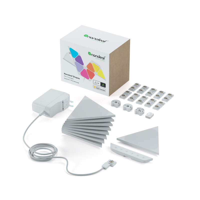 Produktbild von Nanoleaf Formen Mini -Dreiecke Verpackung mit Boxinhalten. Jedes intelligentere Kit besteht aus 9 LED -Lichtplatten, die an Ihrer Wand montieren können