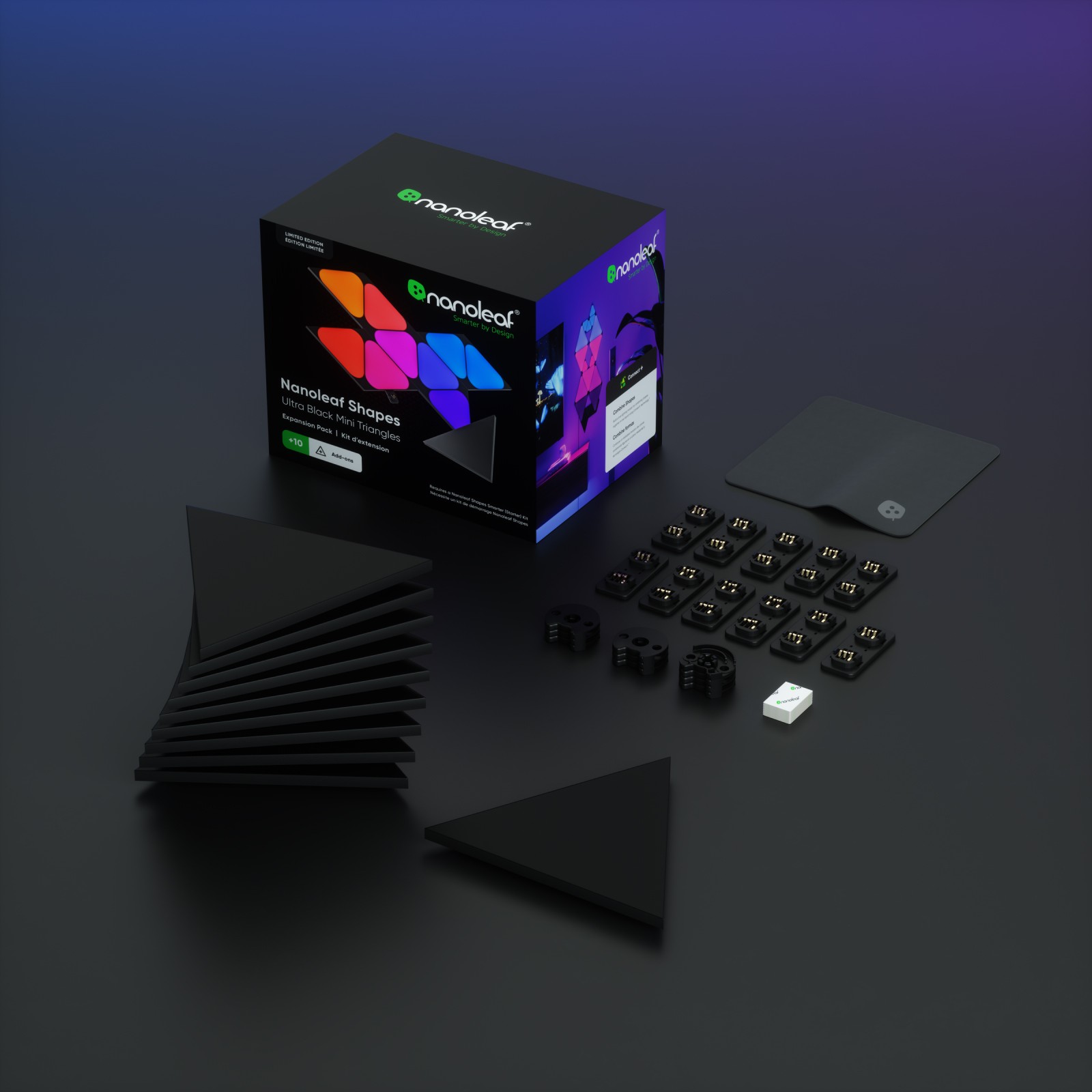 Nanoleaf Shapes Thread enabled color changing black mini triangle smart modular light panels. 10 pack. Has expansion packs and flex linker accessories. Similar to Philips Hue, Lifx. HomeKit, Google Assistant, Amazon Alexa, IFTTT.